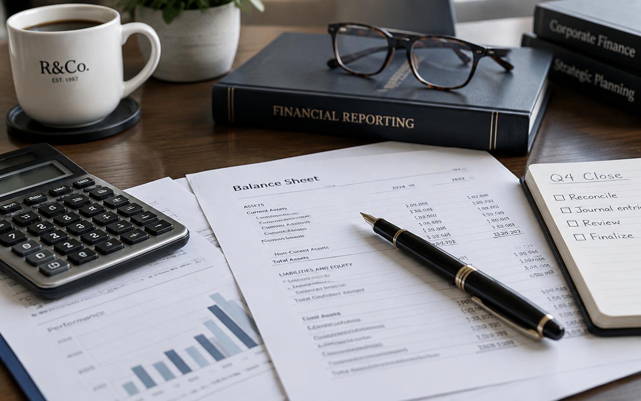 Bilan, calculatrice et stylo plume sur un bureau